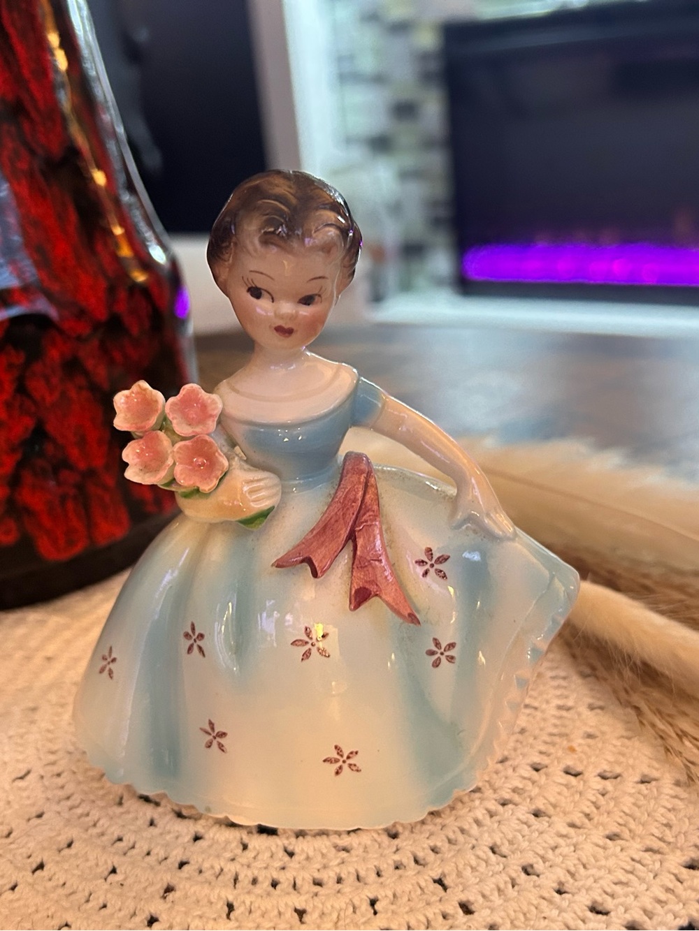 Vintage ESD Japan Lady Figurine with Flowers | Blue Dress Porcelain Girl